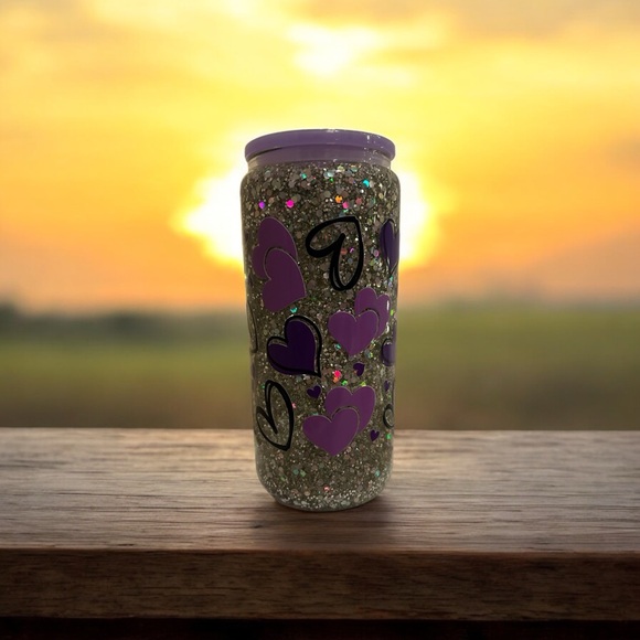 Silver Glitter Purple Hearts 20 oz Tumbler ๐ - Picture 3 of 4